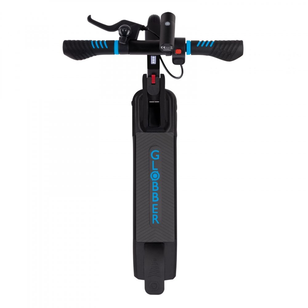 Globber Trotineta electrica E-Motion 14 Blue autonomie 9-11 km cu suspensie ghidon reglabil echipat cu lanterna LED si clopotel pliabila platforma prevazuta cu cric roti din cauciuc greutate admisa 70 kg