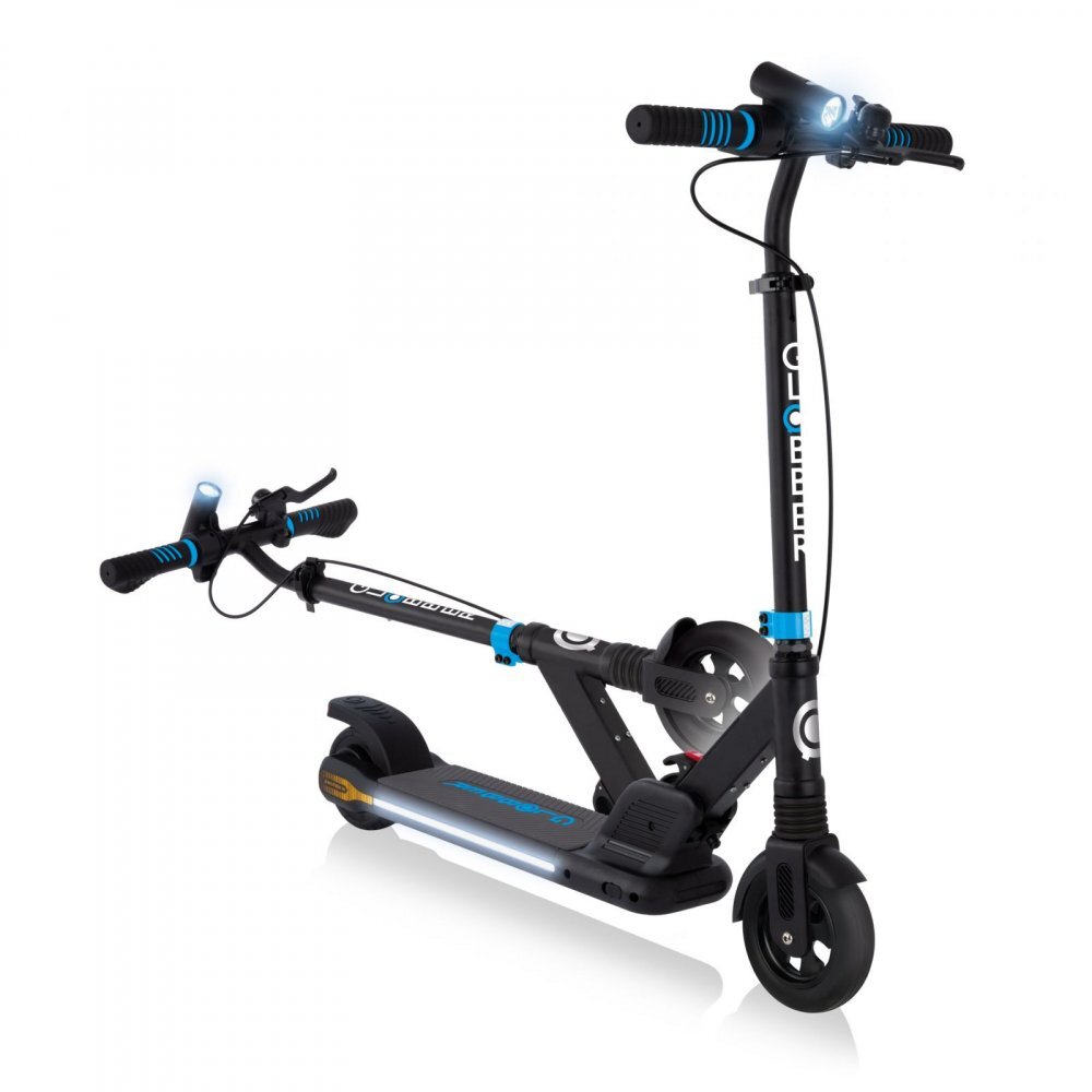 Globber Trotineta electrica E-Motion 14 Blue autonomie 9-11 km cu suspensie ghidon reglabil echipat cu lanterna LED si clopotel pliabila platforma prevazuta cu cric roti din cauciuc greutate admisa 70 kg