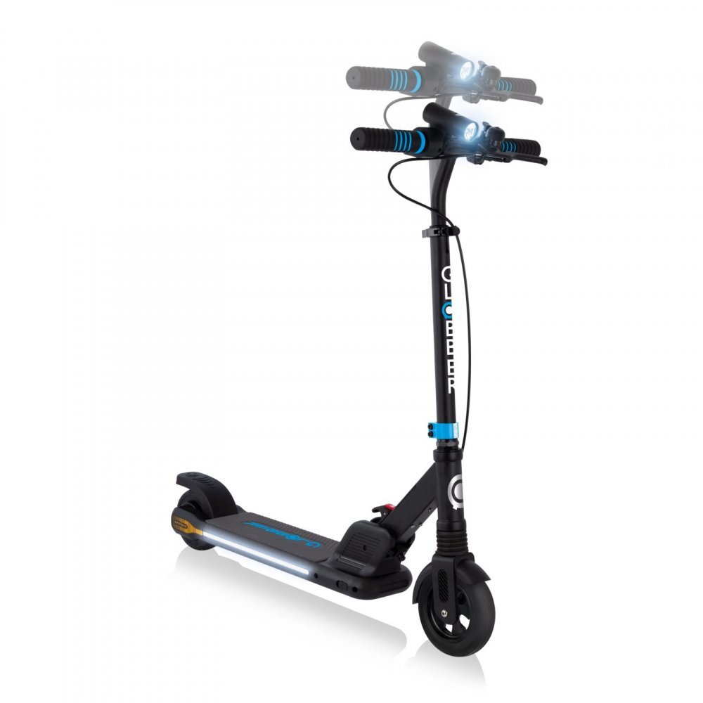 Globber Trotineta electrica E-Motion 14 Blue autonomie 9-11 km cu suspensie ghidon reglabil echipat cu lanterna LED si clopotel pliabila platforma prevazuta cu cric roti din cauciuc greutate admisa 70 kg