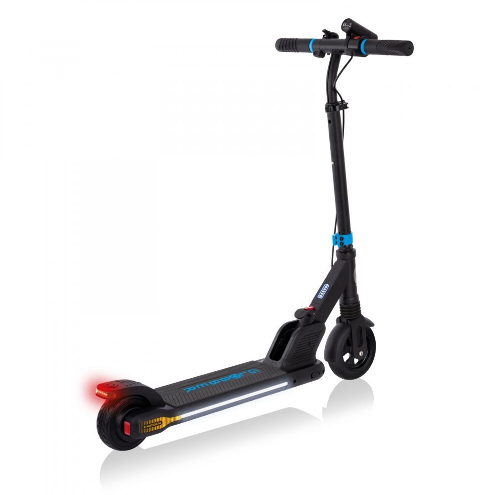 Globber Trotineta electrica E-Motion 14 Blue autonomie 9-11 km cu suspensie ghidon reglabil echipat cu lanterna LED si clopotel pliabila platforma prevazuta cu cric roti din cauciuc greutate admisa 70 kg