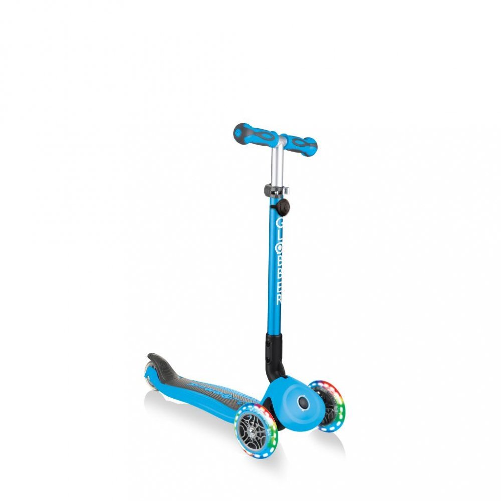Globber Trotineta evolutiva Go-Up 4 in 1 Deluxe Lights Albastra ghidon reglabil scaun maner parinte roti cu Led greutate admisa 50 kg