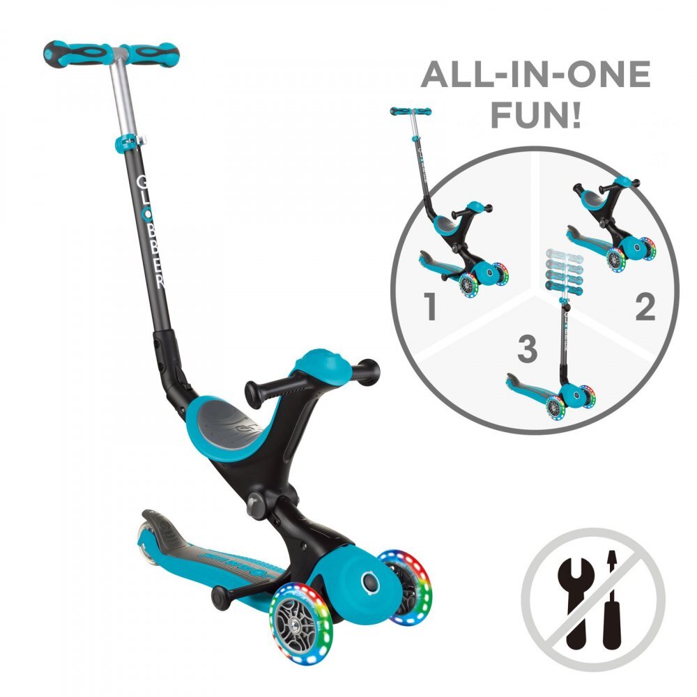 Globber Trotineta evolutiva Go-Up 4 in 1 Deluxe Lights Turquoise ghidon reglabil scaun maner parinte roti cu Led greutate admisa 50 kg
