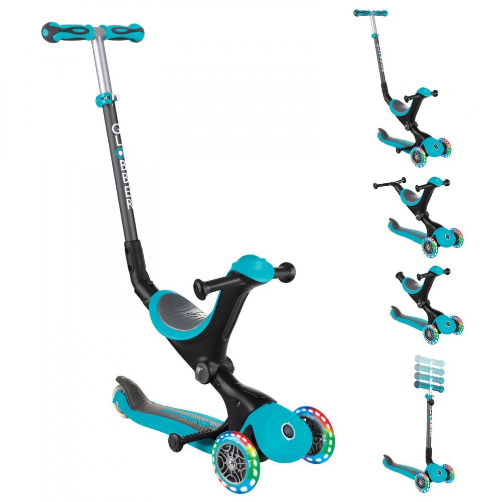 Globber Trotineta evolutiva Go-Up 4 in 1 Deluxe Lights Turquoise ghidon reglabil scaun maner parinte roti cu Led greutate admisa 50 kg