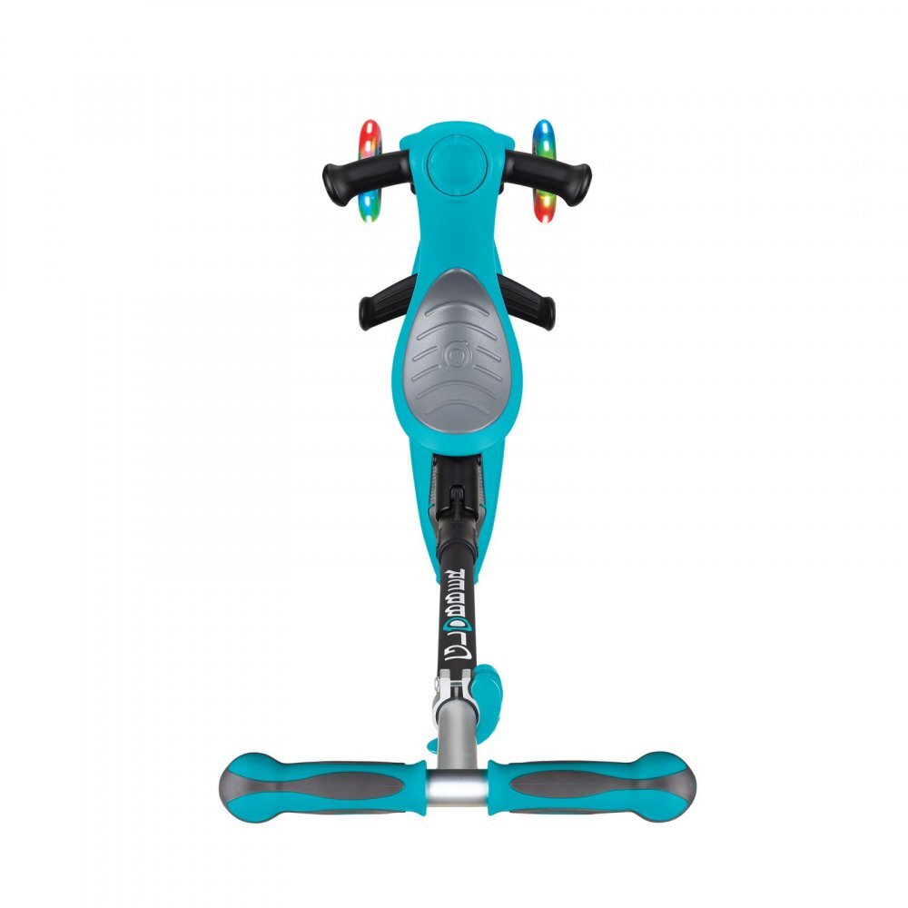 Globber Trotineta evolutiva Go-Up 4 in 1 Deluxe Lights Turquoise ghidon reglabil scaun maner parinte roti cu Led greutate admisa 50 kg