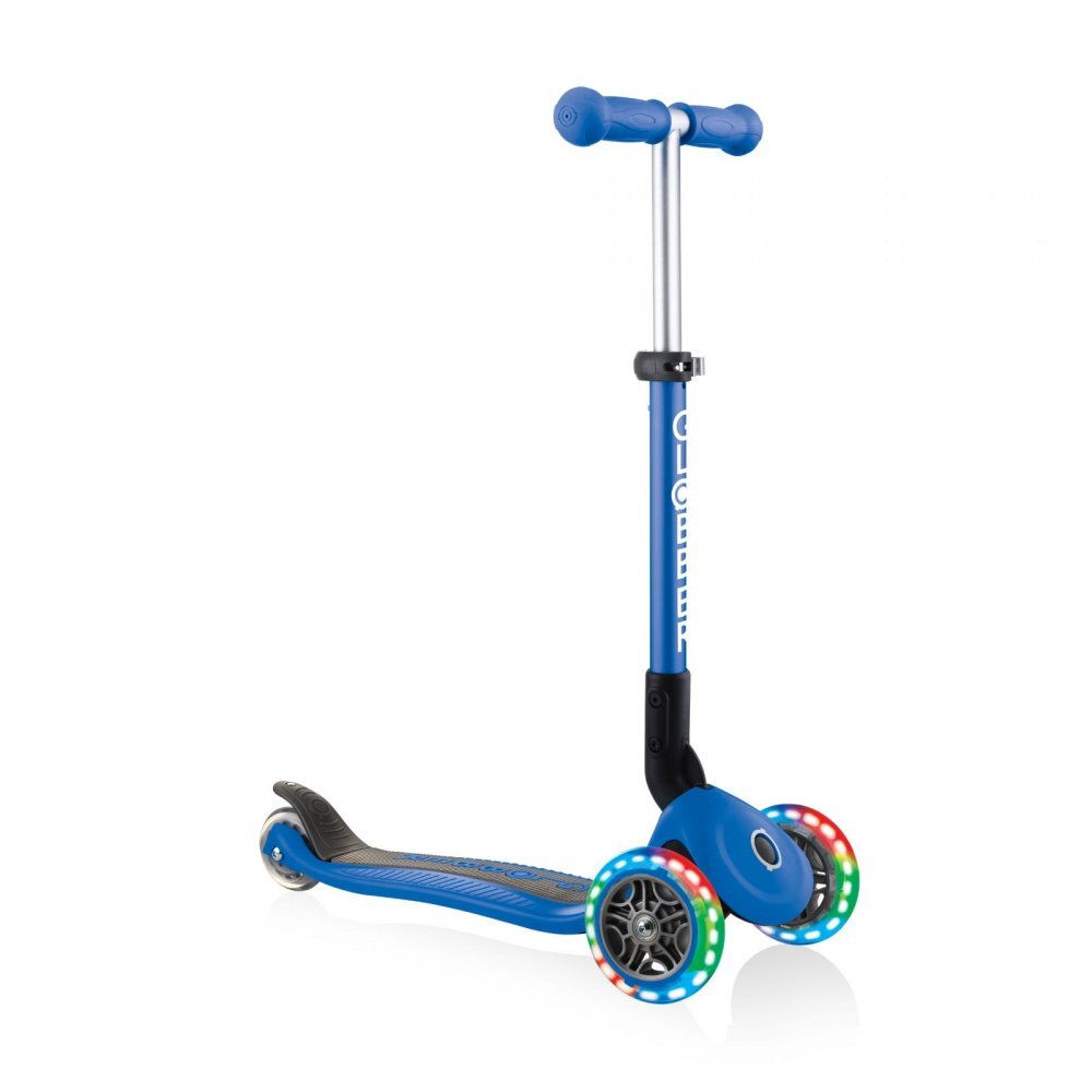 Globber Trotineta Junior albastra cu 3 roti LED pliabila ghidon reglabil platforma antiderapanta greutate suportata 50 kg varsta 2 ani+