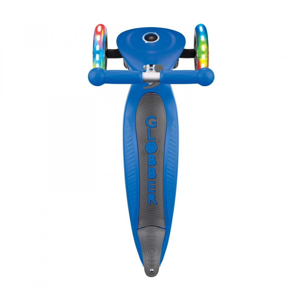 Globber Trotineta Junior albastra cu 3 roti LED pliabila ghidon reglabil platforma antiderapanta greutate suportata 50 kg varsta 2 ani+