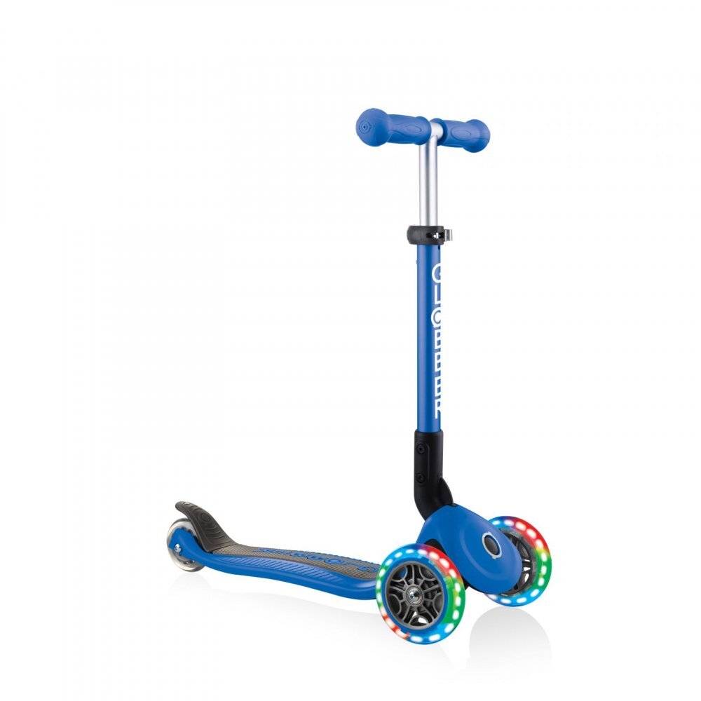 Globber Trotineta Junior albastra cu 3 roti LED pliabila ghidon reglabil platforma antiderapanta greutate suportata 50 kg varsta 2 ani+