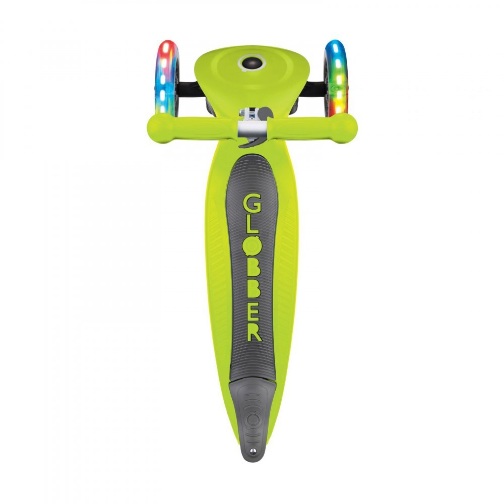 Globber Trotineta Junior verde cu 3 roti LED pliabila ghidon reglabil platforma antiderapanta greutate suportata 50 kg varsta 2 ani+