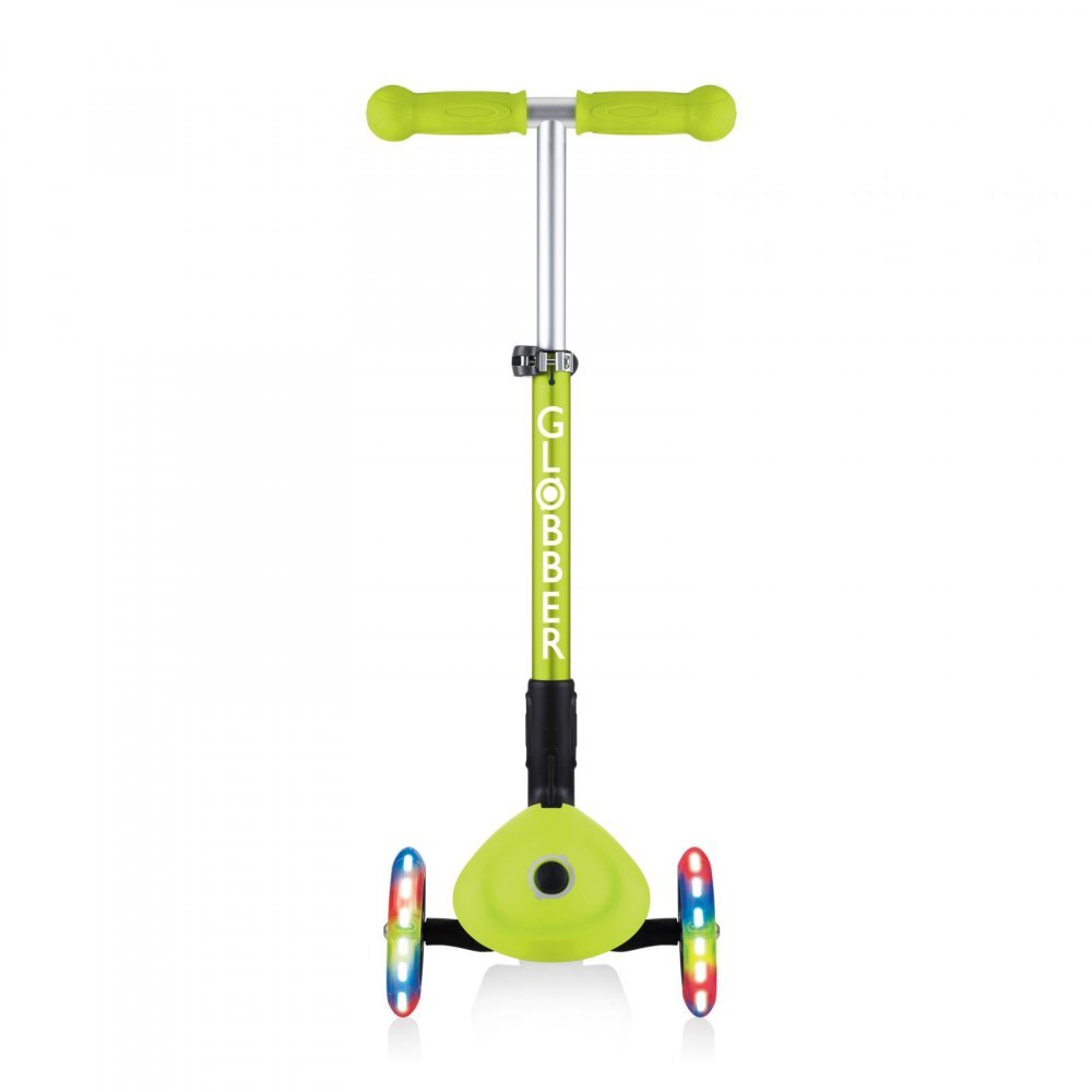 Globber Trotineta Junior verde cu 3 roti LED pliabila ghidon reglabil platforma antiderapanta greutate suportata 50 kg varsta 2 ani+
