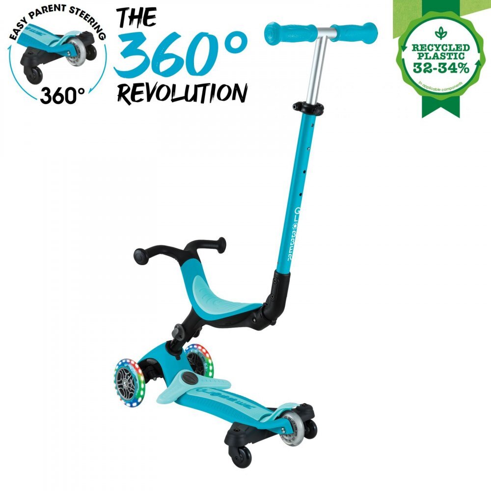 Globber Trotineta pentru copii Go-Up Active Eco Blue 3 in 1 rotire 360 ghidon reglabil scaun maner parinte roti cu Led greutate admisa 50 kg