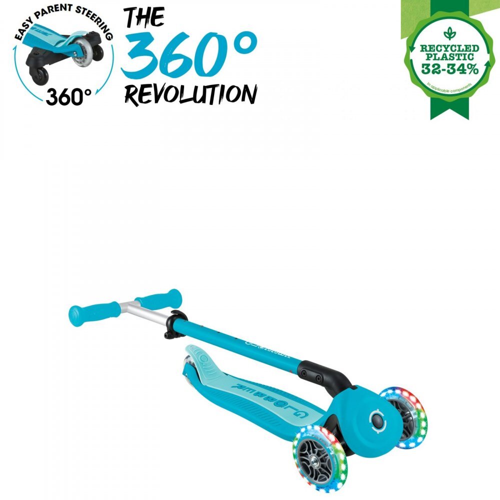 Globber Trotineta pentru copii Go-Up Active Eco Blue 3 in 1 rotire 360 ghidon reglabil scaun maner parinte roti cu Led greutate admisa 50 kg
