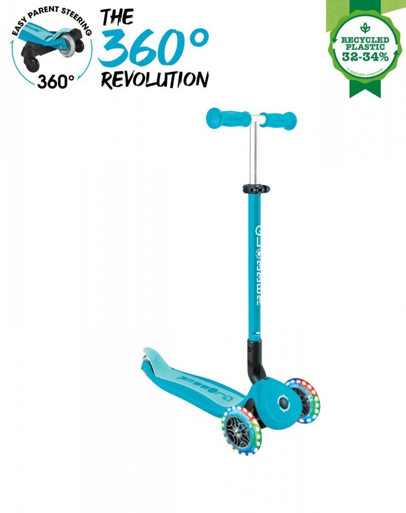 Globber Trotineta pentru copii Go-Up Active Eco Blue 3 in 1 rotire 360 ghidon reglabil scaun maner parinte roti cu Led greutate admisa 50 kg