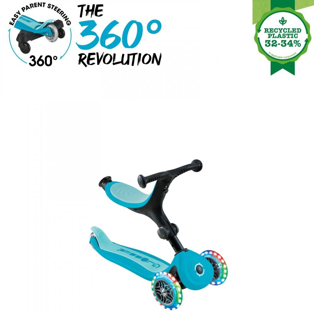 Globber Trotineta pentru copii Go-Up Active Eco Blue 3 in 1 rotire 360 ghidon reglabil scaun maner parinte roti cu Led greutate admisa 50 kg