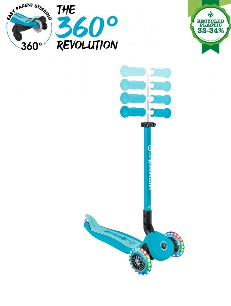 Globber Trotineta pentru copii Go-Up Active Eco Blue 3 in 1 rotire 360 ghidon reglabil scaun maner parinte roti cu Led greutate admisa 50 kg