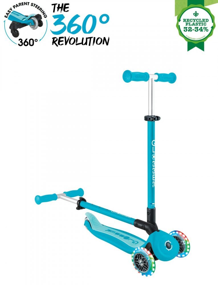 Globber Trotineta pentru copii Go-Up Active Eco Blue 3 in 1 rotire 360 ghidon reglabil scaun maner parinte roti cu Led greutate admisa 50 kg