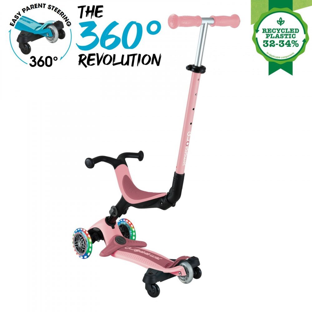 Globber Trotineta pentru copii Go-Up Active Eco Roz Pal 3 in 1 rotire 360 ghidon reglabil scaun maner parinte roti cu Led greutate admisa 50 kg