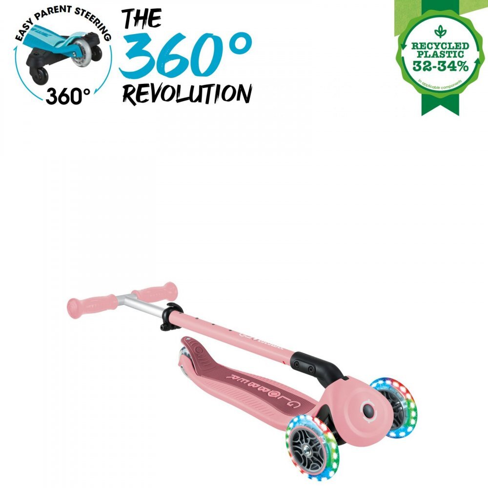 Globber Trotineta pentru copii Go-Up Active Eco Roz Pal 3 in 1 rotire 360 ghidon reglabil scaun maner parinte roti cu Led greutate admisa 50 kg