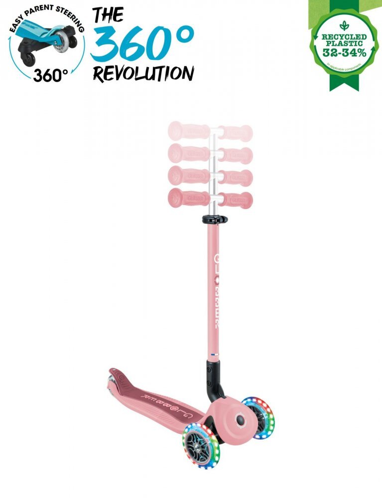 Globber Trotineta pentru copii Go-Up Active Eco Roz Pal 3 in 1 rotire 360 ghidon reglabil scaun maner parinte roti cu Led greutate admisa 50 kg