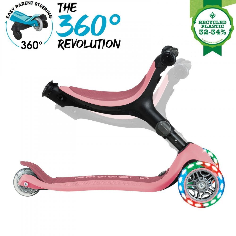 Globber Trotineta pentru copii Go-Up Active Eco Roz Pal 3 in 1 rotire 360 ghidon reglabil scaun maner parinte roti cu Led greutate admisa 50 kg