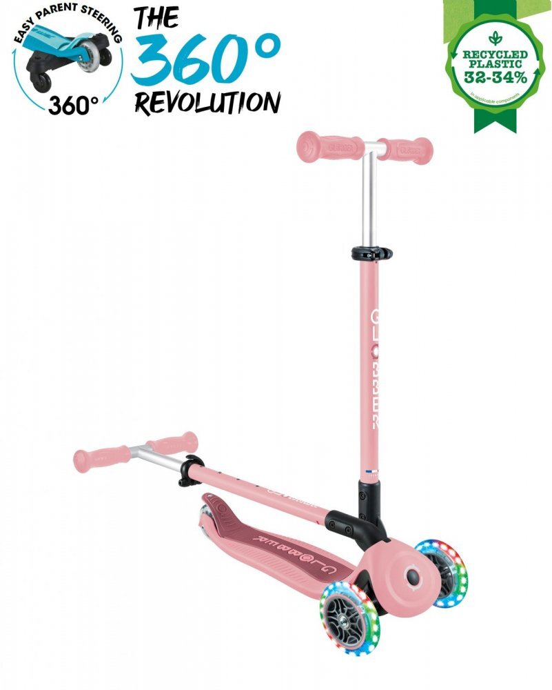 Globber Trotineta pentru copii Go-Up Active Eco Roz Pal 3 in 1 rotire 360 ghidon reglabil scaun maner parinte roti cu Led greutate admisa 50 kg