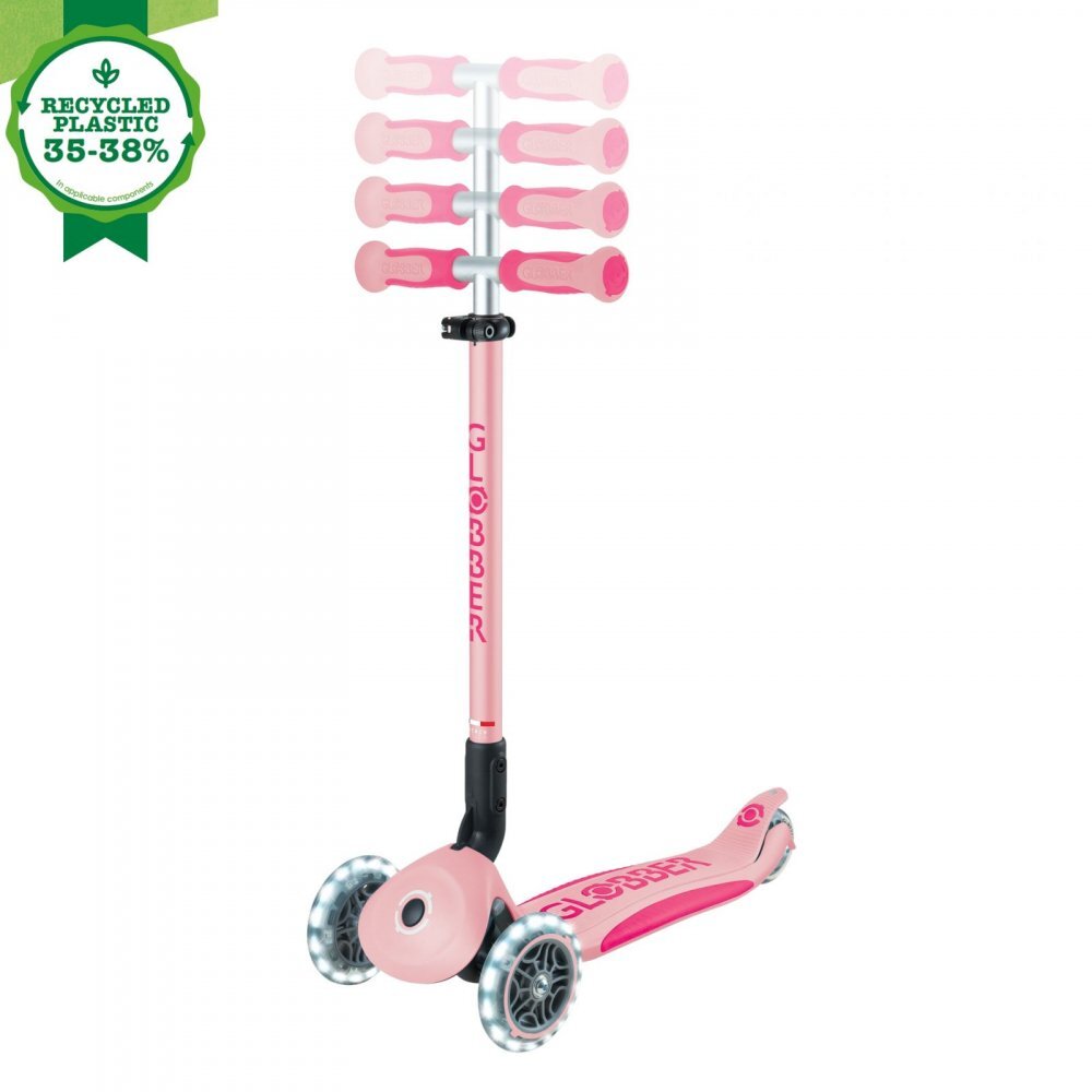 Globber Trotineta pentru copii Go-Up Deluxe Lights Ecologic Roz Pal 4 in 1 ghidon reglabil scaun maner parinte roti cu Led greutate admisa 50 kg
