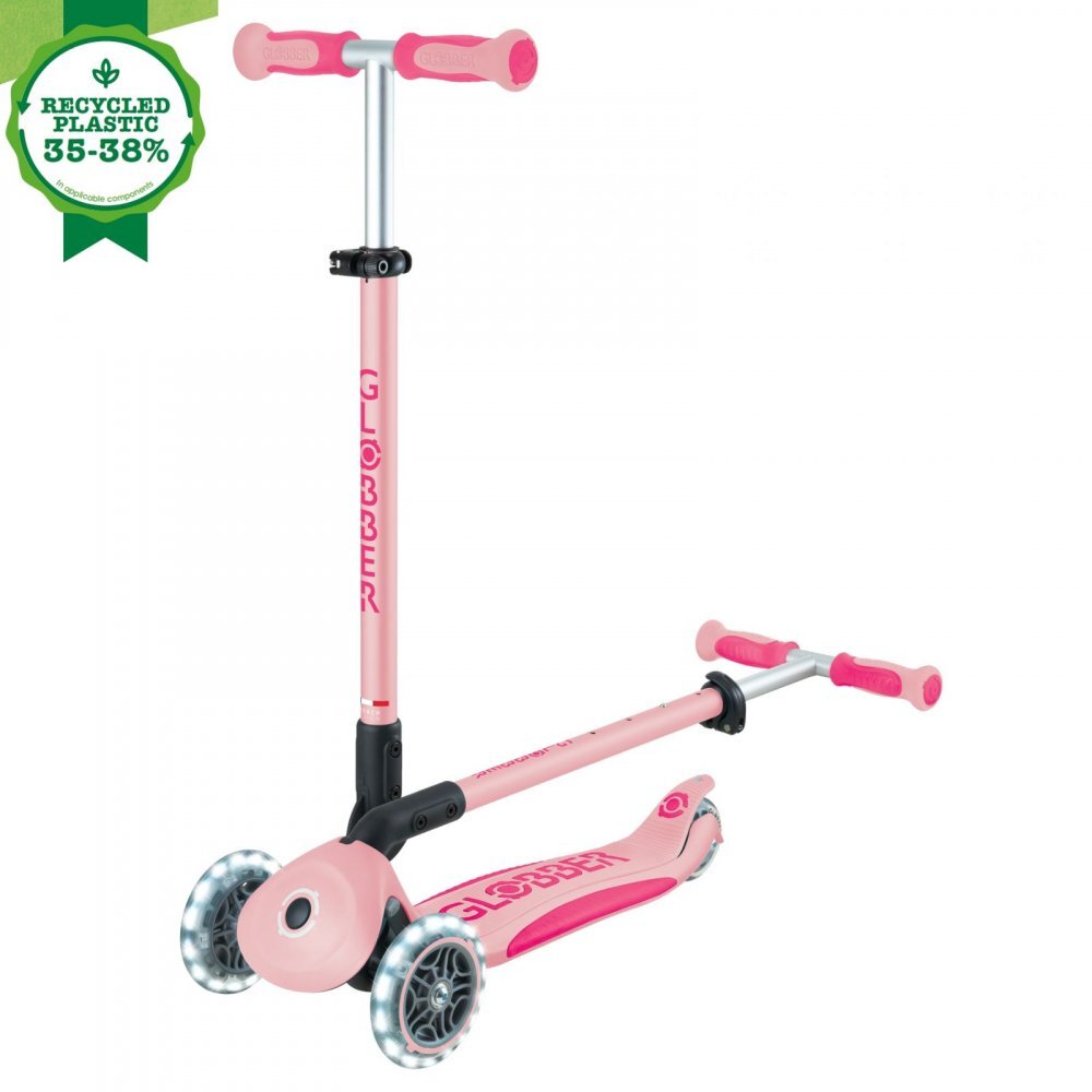 Globber Trotineta pentru copii Go-Up Deluxe Lights Ecologic Roz Pal 4 in 1 ghidon reglabil scaun maner parinte roti cu Led greutate admisa 50 kg