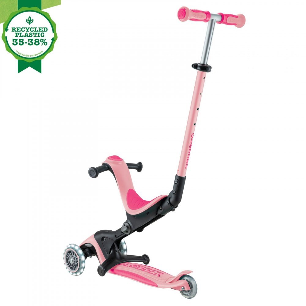 Globber Trotineta pentru copii Go-Up Deluxe Lights Ecologic Roz Pal 4 in 1 ghidon reglabil scaun maner parinte roti cu Led greutate admisa 50 kg