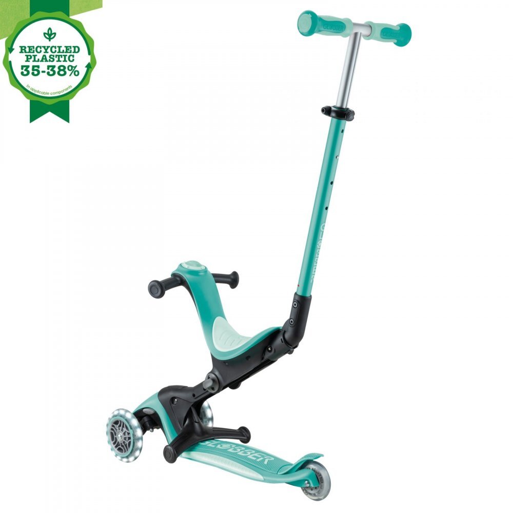 Globber Trotineta pentru copii Go-Up Deluxe Lights Ecologic Verde 4 in 1 ghidon reglabil scaun maner parinte roti cu Led greutate admisa 50 kg
