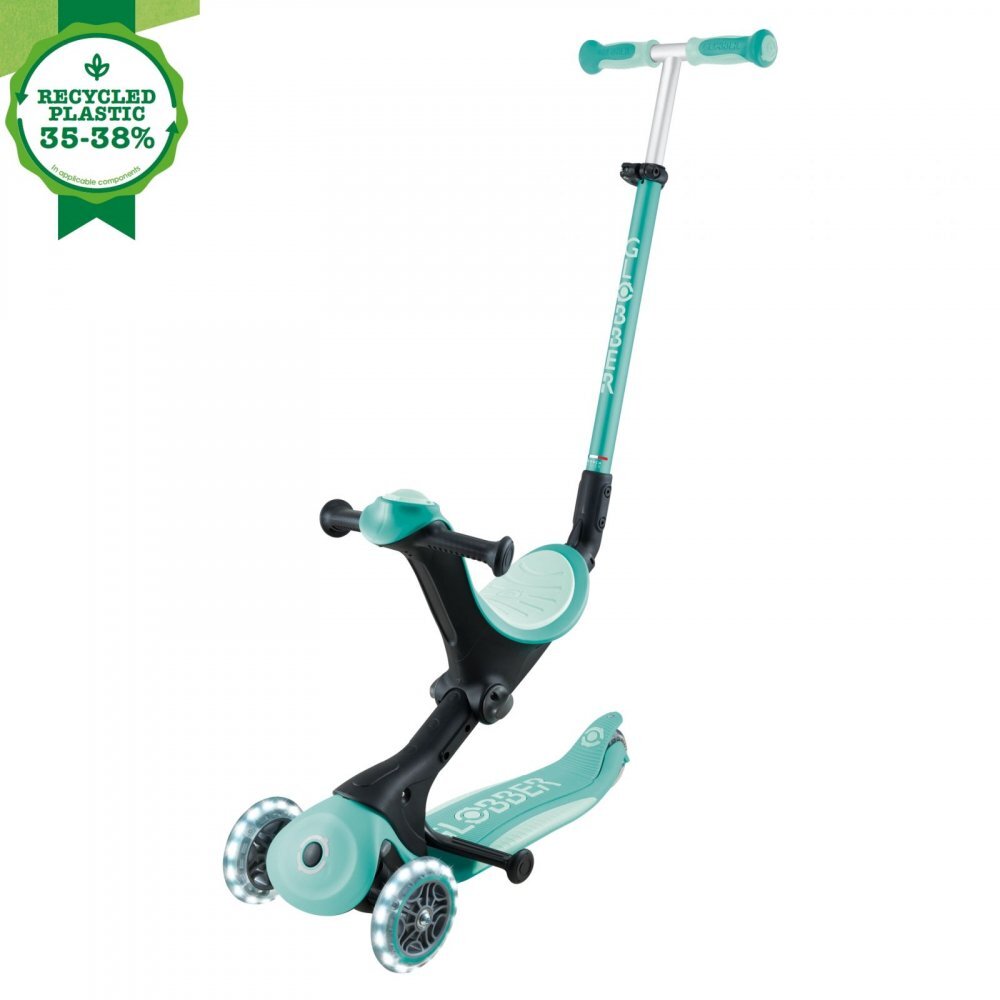 Globber Trotineta pentru copii Go-Up Deluxe Lights Ecologic Verde 4 in 1 ghidon reglabil scaun maner parinte roti cu Led greutate admisa 50 kg