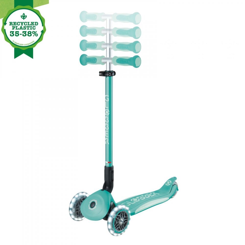 Globber Trotineta pentru copii Go-Up Deluxe Lights Ecologic Verde 4 in 1 ghidon reglabil scaun maner parinte roti cu Led greutate admisa 50 kg
