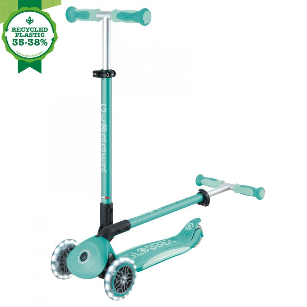 Globber Trotineta pentru copii Go-Up Deluxe Lights Ecologic Verde 4 in 1 ghidon reglabil scaun maner parinte roti cu Led greutate admisa 50 kg