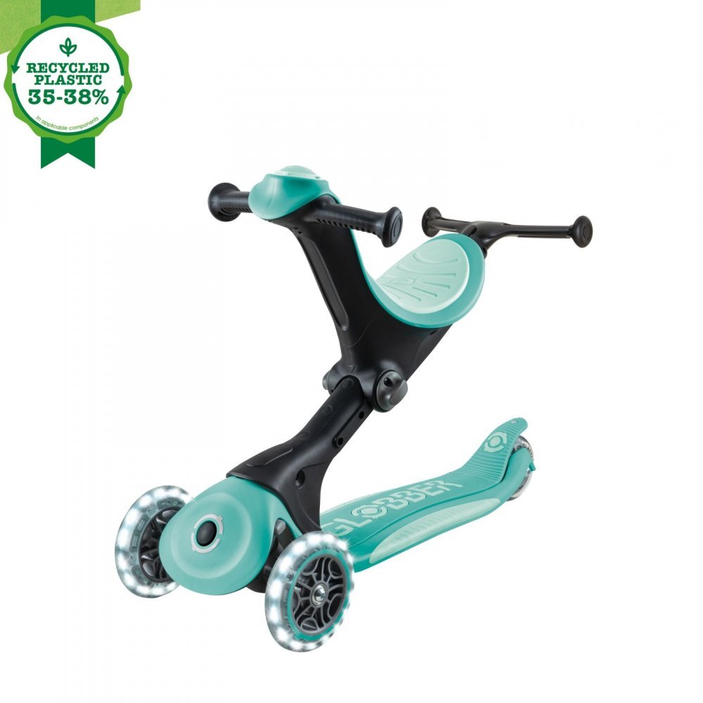Globber Trotineta pentru copii Go-Up Deluxe Lights Ecologic Verde 4 in 1 ghidon reglabil scaun maner parinte roti cu Led greutate admisa 50 kg