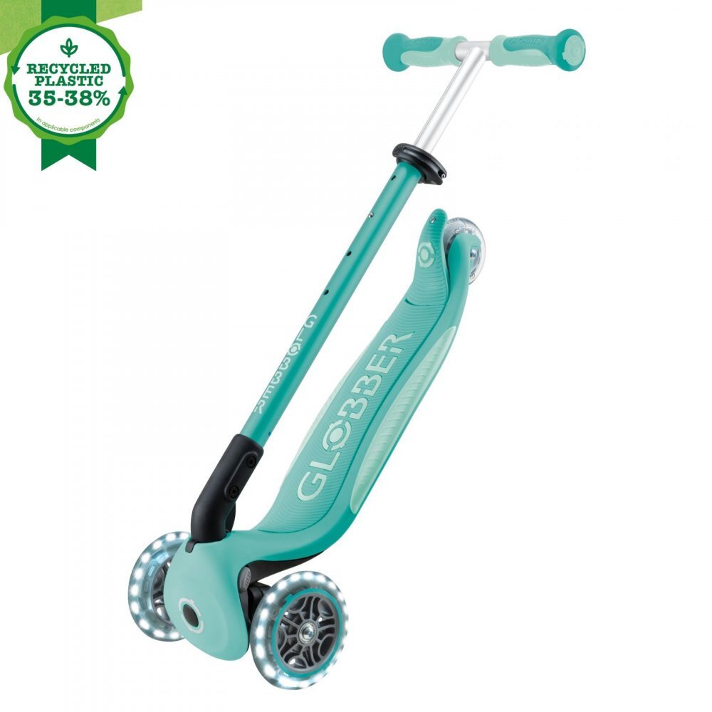 Globber Trotineta pentru copii Go-Up Deluxe Lights Ecologic Verde 4 in 1 ghidon reglabil scaun maner parinte roti cu Led greutate admisa 50 kg
