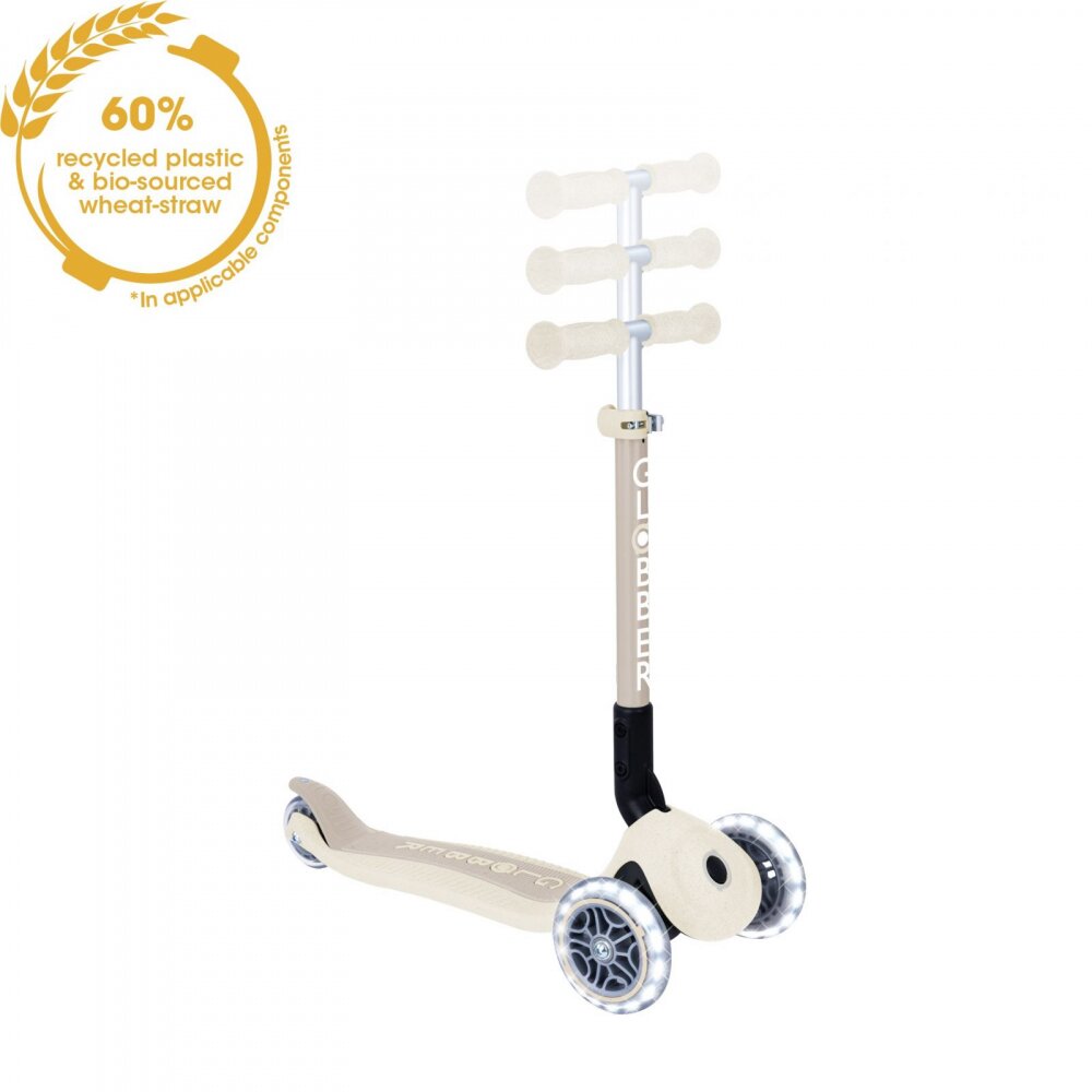 Globber Trotineta pentru copii Junior Crem pliabila ecologica ghidon ajustabil pe 3 nivele roti cu lumini LED rulmenti ABEC 9