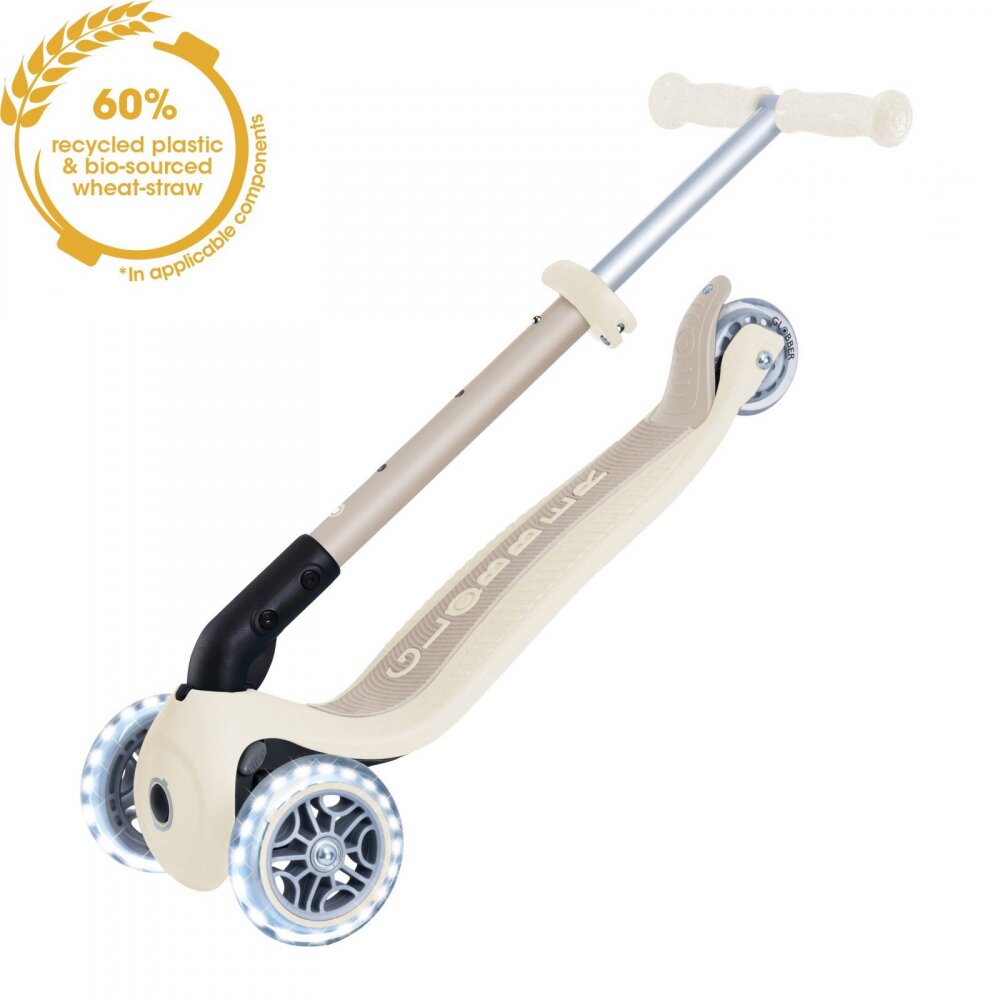 Globber Trotineta pentru copii Junior Crem pliabila ecologica ghidon ajustabil pe 3 nivele roti cu lumini LED rulmenti ABEC 9