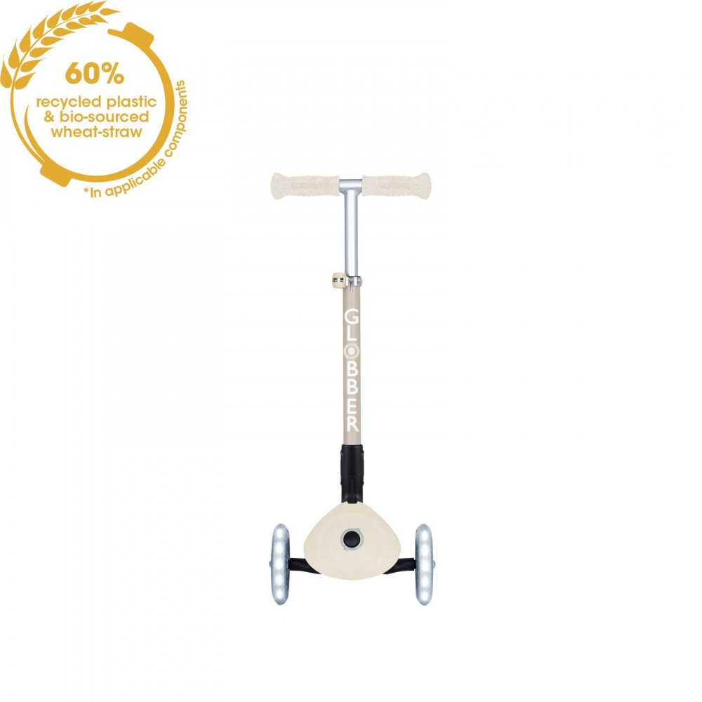 Globber Trotineta pentru copii Junior Crem pliabila ecologica ghidon ajustabil pe 3 nivele roti cu lumini LED rulmenti ABEC 9