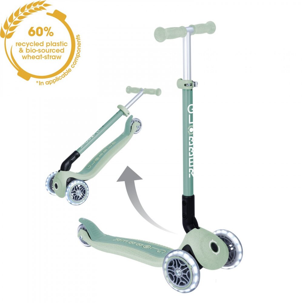 Globber Trotineta pentru copii Primo Fistic ecologica pliabila cu roti LED ghidon ajustabil pe 3 nivele rulmenti ABEC 9