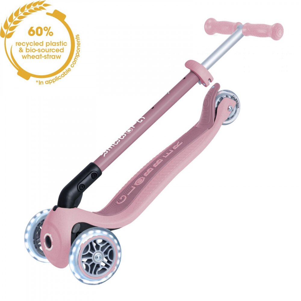 Globber Trotineta pentru copii Primo Roz Pal ecologica pliabila cu roti LED ghidon ajustabil pe 3 nivele rulmenti ABEC 9