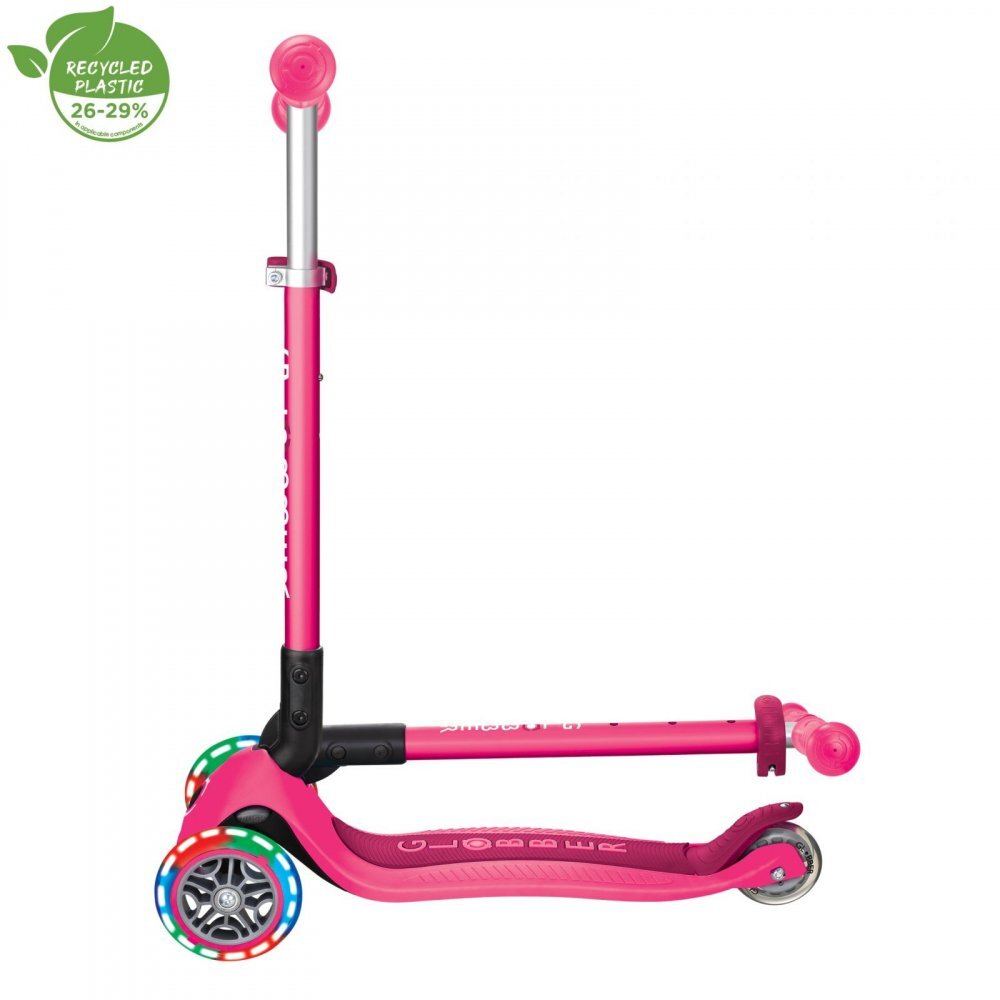 Globber Trotineta Primo roz cu 3 roti LED pliabila ghidon reglabil platforma antialunecare greutate suportata 50 kg varsta 3 ani+