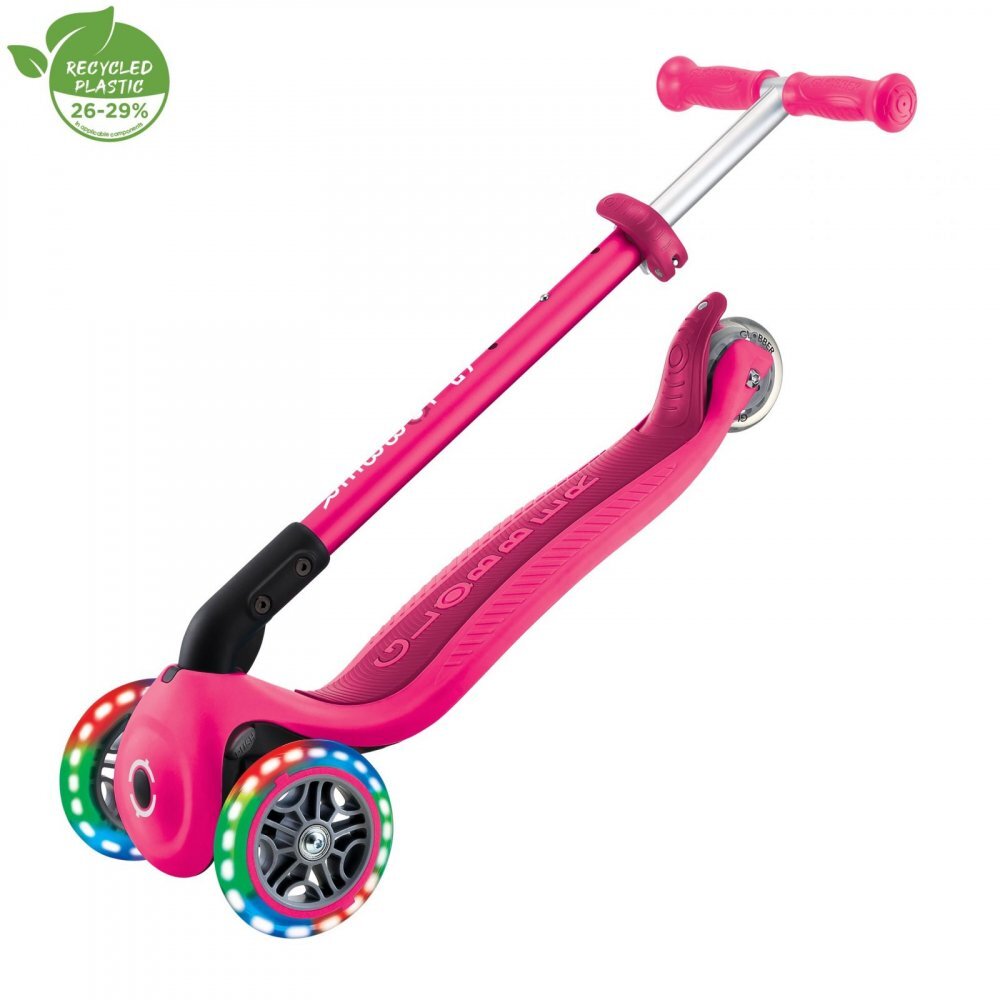 Globber Trotineta Primo roz cu 3 roti LED pliabila ghidon reglabil platforma antialunecare greutate suportata 50 kg varsta 3 ani+