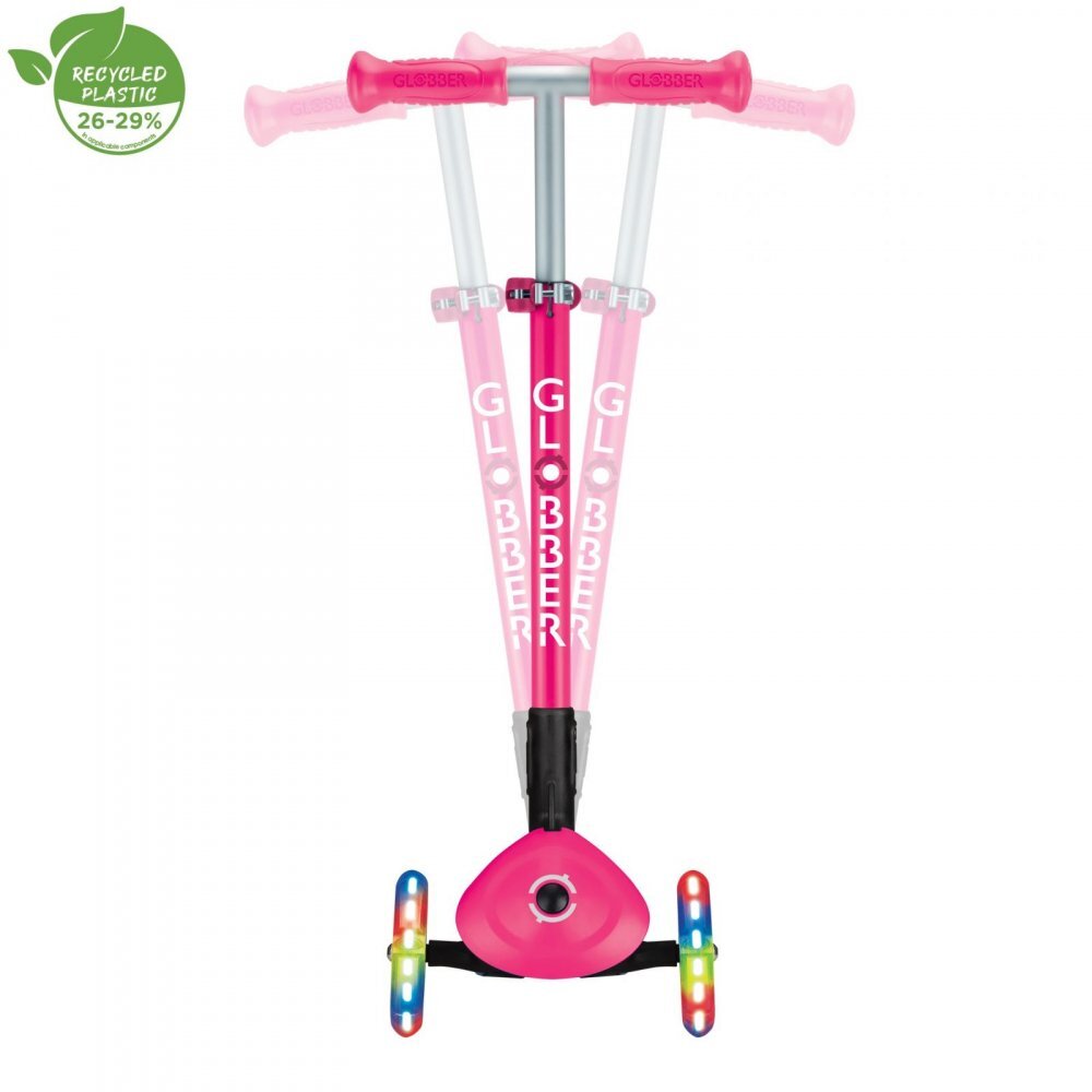 Globber Trotineta Primo roz cu 3 roti LED pliabila ghidon reglabil platforma antialunecare greutate suportata 50 kg varsta 3 ani+