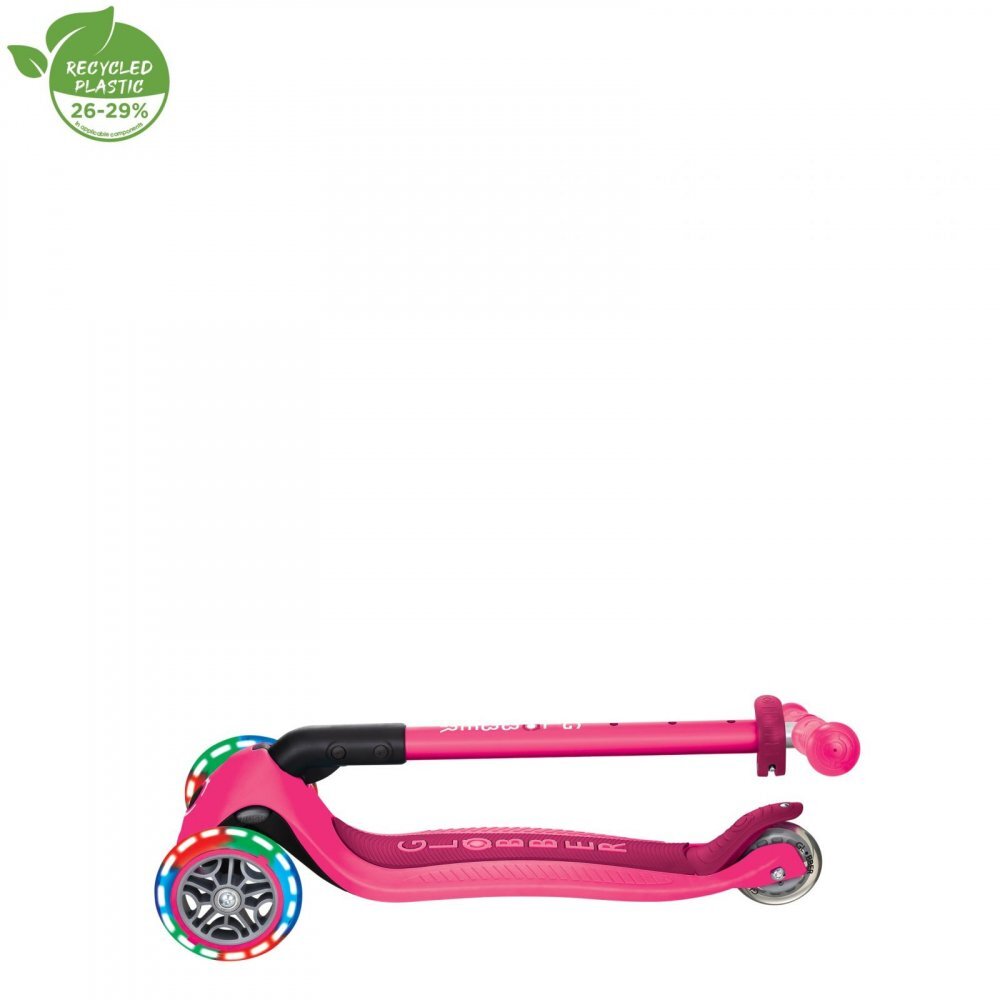 Globber Trotineta Primo roz cu 3 roti LED pliabila ghidon reglabil platforma antialunecare greutate suportata 50 kg varsta 3 ani+