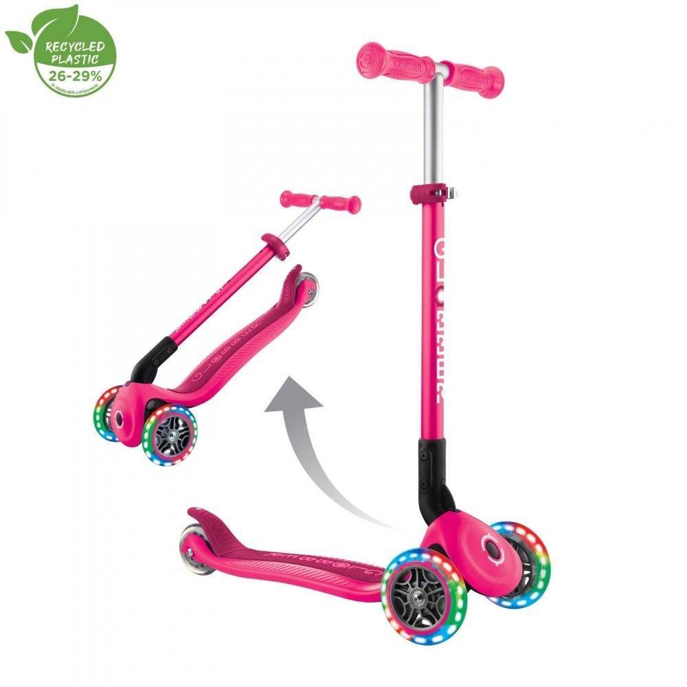Globber Trotineta Primo roz cu 3 roti LED pliabila ghidon reglabil platforma antialunecare greutate suportata 50 kg varsta 3 ani+