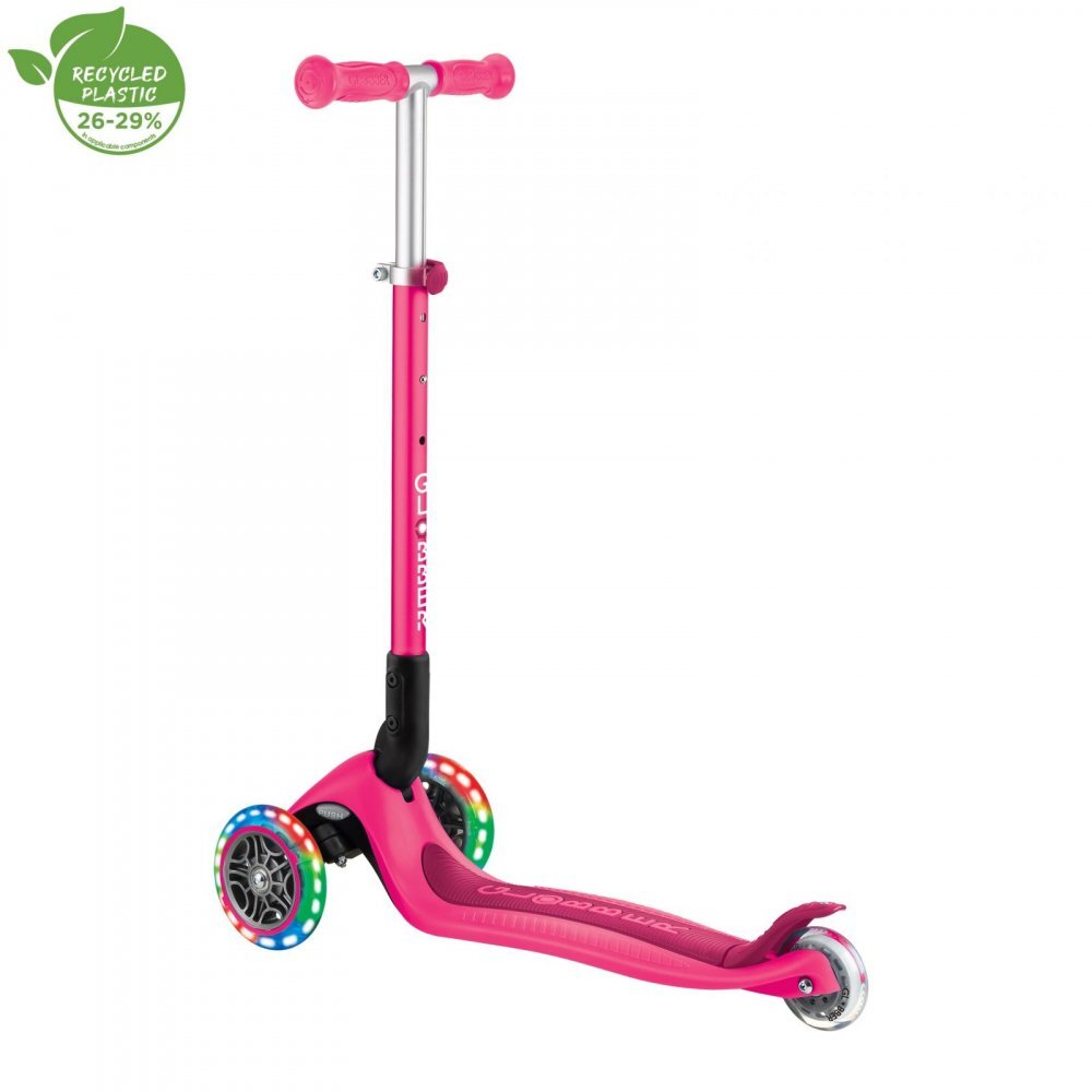 Globber Trotineta Primo roz cu 3 roti LED pliabila ghidon reglabil platforma antialunecare greutate suportata 50 kg varsta 3 ani+