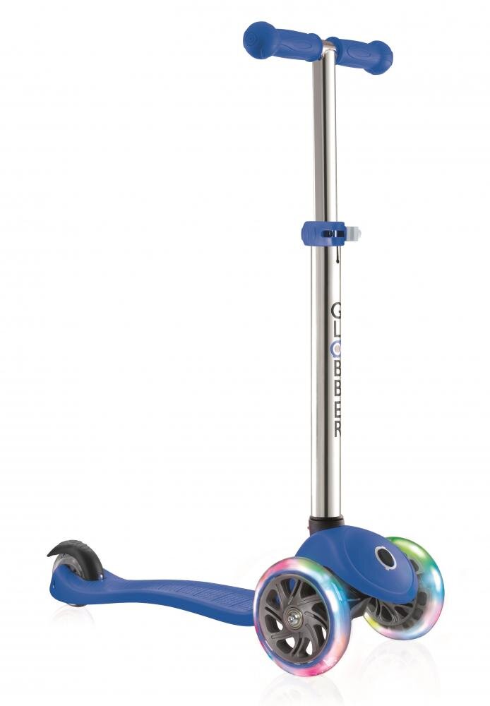 Globber Trotineta Primo V2 Lights albastra cu 3 roti LED ghidon reglabil platforma antiderapanta greutate admisa 50 kg