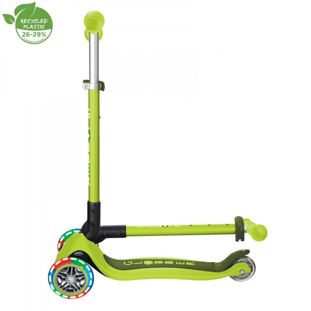 Globber Trotineta Primo verde cu 3 roti LED pliabila ghidon reglabil platforma antialunecare greutate suportata 50 kg varsta 3 ani+