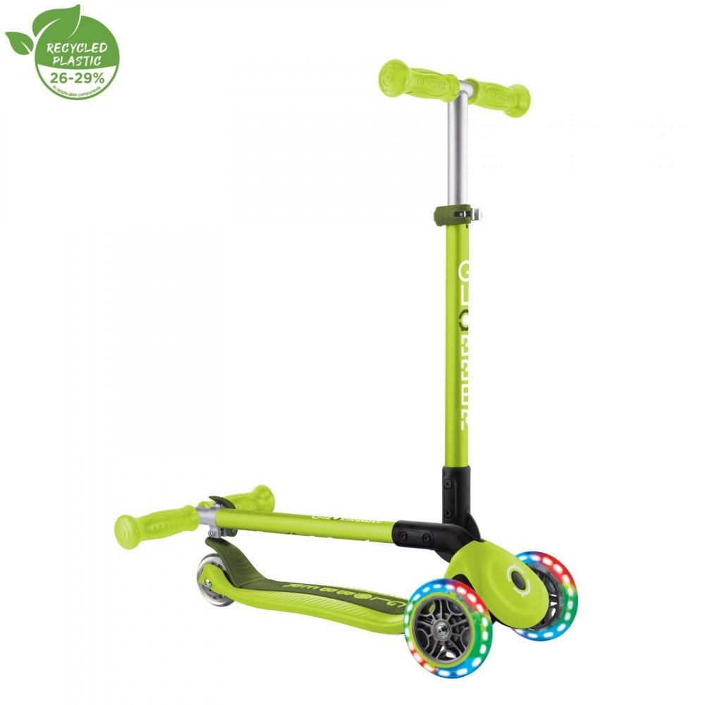 Globber Trotineta Primo verde cu 3 roti LED pliabila ghidon reglabil platforma antialunecare greutate suportata 50 kg varsta 3 ani+