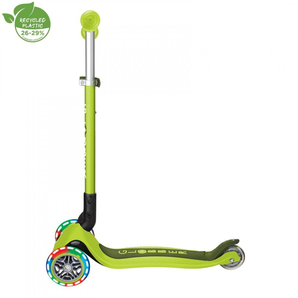 Globber Trotineta Primo verde cu 3 roti LED pliabila ghidon reglabil platforma antialunecare greutate suportata 50 kg varsta 3 ani+