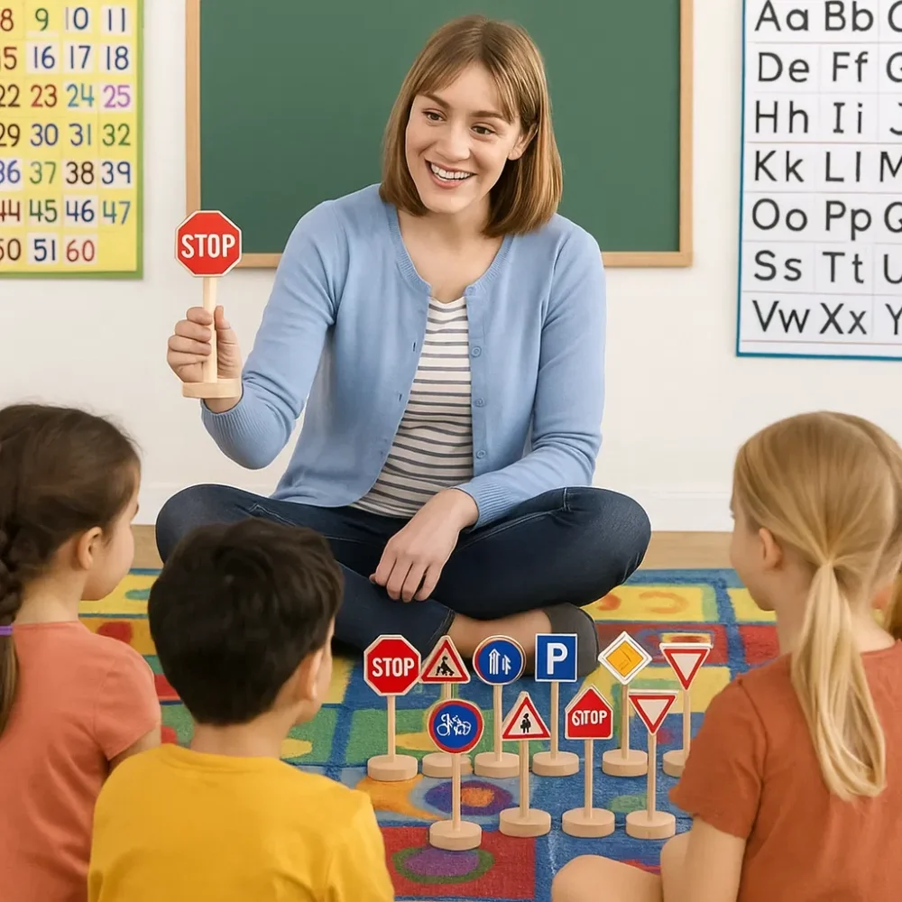 Goki Set 15 semne de circulatie din lemn pentru copii
