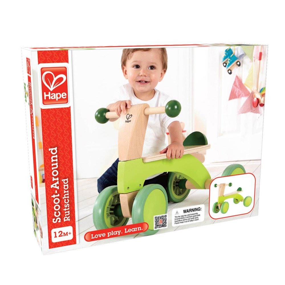 HAPE Ride-On copii fara pedale cu 4 roti fabricat din lemn cu roti silentioase recomandat copiilor de la 12 luni